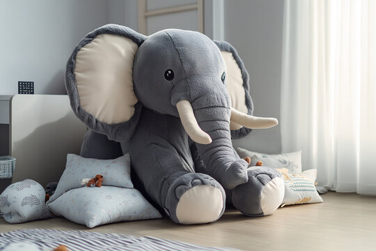 Giant gray elephant plush toy sits on a cozy floor surrounded by cushions in a bright, modern room