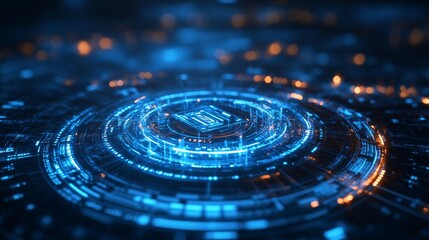 Circular digital patterns with neon blue glow, evoking a sense of futuristic technology and cyber innovation.