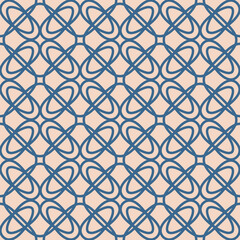 Naklejka premium Elegant floral grid ornament. Abstract vector geometric seamless pattern with mesh, lattice, flower silhouettes, curved lines, repeat tiles. Simple blue and beige background texture. Retro geo design