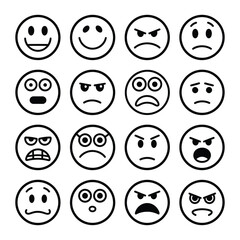Set of Black and White Emoji Faces with Various Expressions