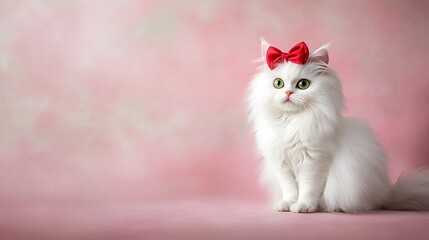 Adorable White Cat with Red Bow on Pink Background Portrait