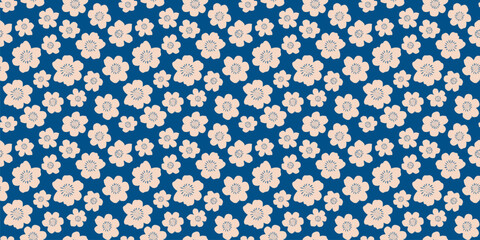 Vector floral seamless pattern. Cute simple ditsy background with small hand drawn flowers. Doodle children style ornament. Blue and beige organic texture. Repeating design for fabric, print, textile