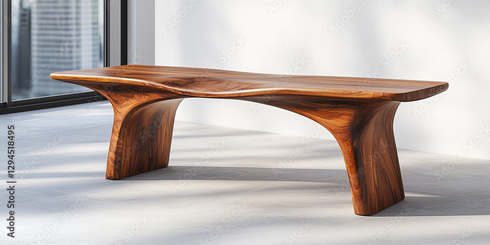 Aufkleber modern abstract wooden bench with smooth curves in minimalist room setting. bench features natural w