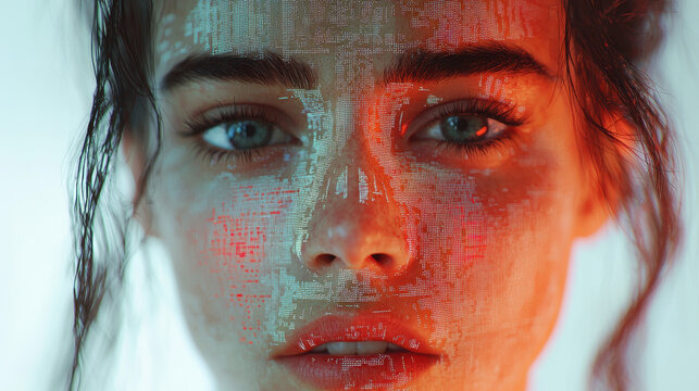 Fragmented digital portrait capturing deep anxiety with glitch aesthetics reflecting the struggle between reality and the digital void