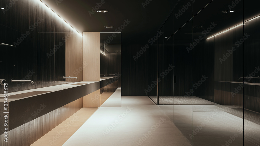 Poster modern bathroom with sleek fixtures features minimalist design, dark walls, and ambient lighting, cr