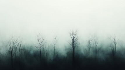 Obraz premium Bare trees stand in haunting mist, blending minimalist beauty with mystery in a surreal landscape.