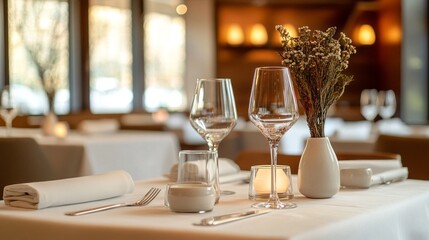 Bright and airy dining room designed with light colors showcases a simple table setting. Glassware and a small vase add elegance, creating a welcoming atmosphere for dining guests