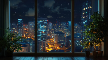Night skyline view from window scenery landscape interior inspiration backdrop wallpaper background