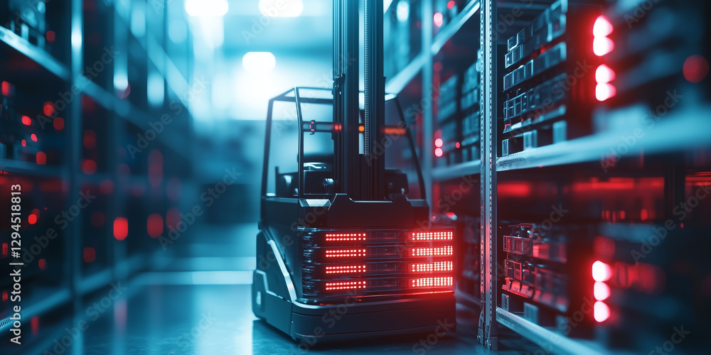 Poster robotic forklift is stacking cargo in dimly lit warehouse with red lights, showcasing advanced techn