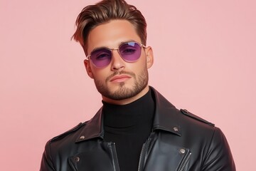 Obraz premium The stylish man in purple sunglasses and leather jacket confidently struck a pose under high-fashion lighting, exuding an air of sophistication.