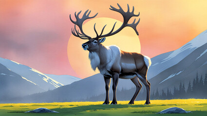 Arctic elk standing in a a serene scenic mountain valley at sunset. Digital illustration.