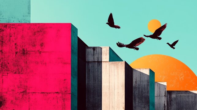 Sleek building with bold colors and flying birds. A modern art collage that showcases urban architecture and style.