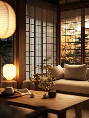 A cozy Japanese room with warm lighting and a wooden aesthetic