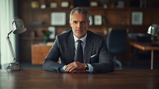 senior executive, sitting at a polished wooden desk, looking directly at the camera, with a contemporary office setting and soft lighting behind