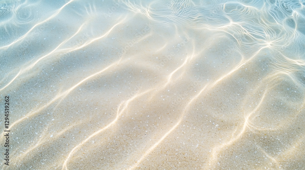 Poster ripples of light dance on sandy seabed, creating serene and calming effect. gentle waves and soft sa