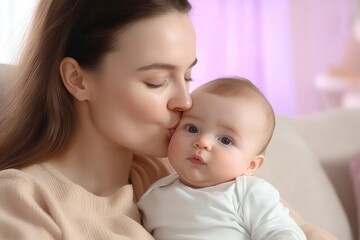 Mother kissing her baby on a cozy couch, warm purple lighting enhancing the intimate moment