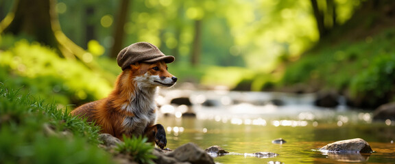 Charming fox in a flat cap by a bubbling brook, playful elegance