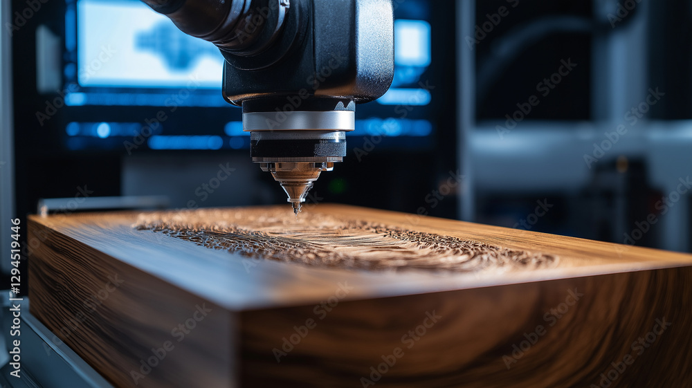 Aufkleber robotic arm using AI to intricately carve custom wooden design, showcasing precision and technology in woodworking