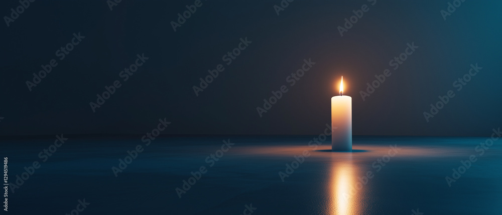 Poster single candle glows warmly in dark minimalist room, casting soft reflection on smooth surface. seren