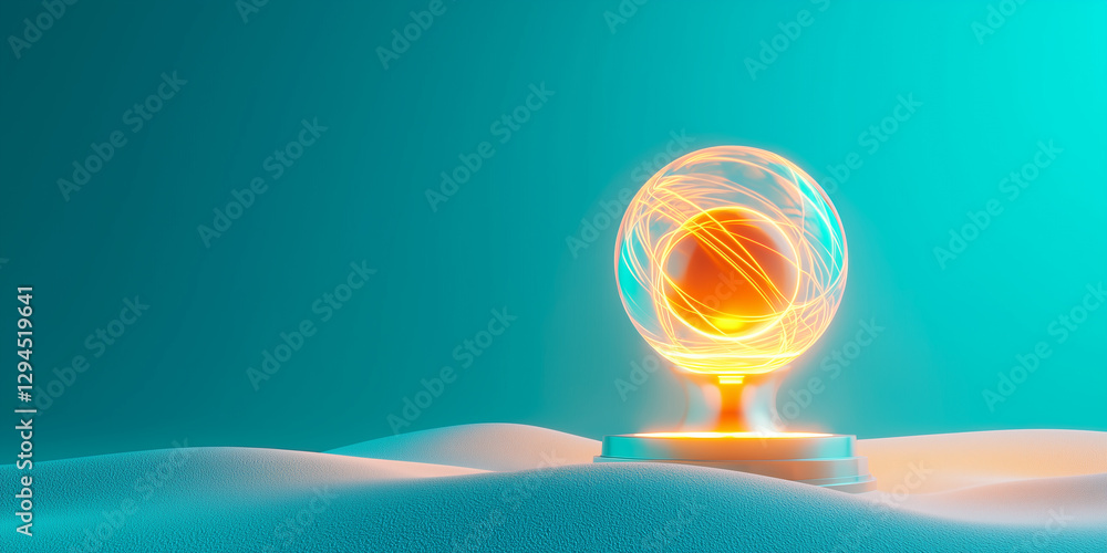 Poster glowing orb with swirling energy patterns sits on pedestal in minimalistic, abstract landscape with 