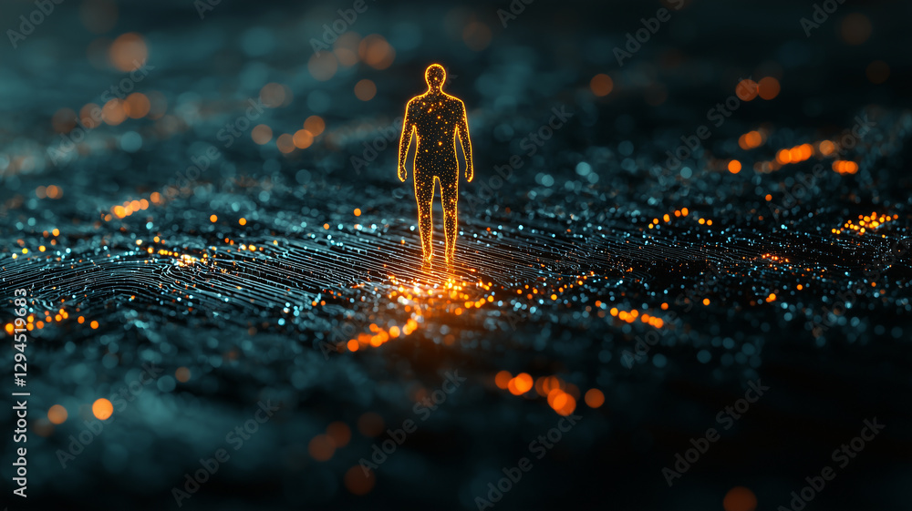Aufkleber glowing figure stands amidst digital landscape, surrounded by abstract patterns and illuminated lines, creating futuristic and minimalistic scene