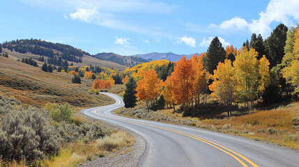 A scenic road winding through autumn-colored trees captures the beauty of seasonal change.