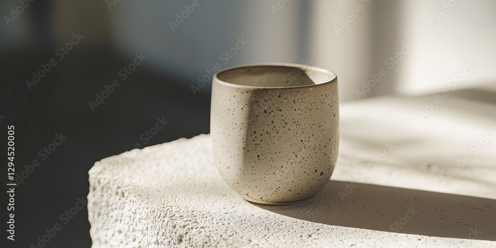 Poster close up of handmade ceramic cup with smooth matte finish, placed on textured surface, illuminated b