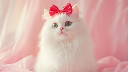 White Cat with Red Bow on Pink Background in Soft Lighting
