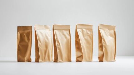 row of compostable packaging bags, standing upright, in a minimalist studio