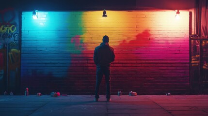 A solitary figure contemplates a vibrant, multicolored mural on a dimly lit urban wall, invoking a sense of mystery and creativity.