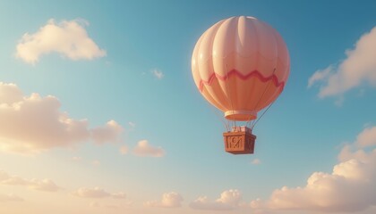 Fototapeta premium Pastel colored hot air balloon floating serenely among soft white clouds in a clear blue sky