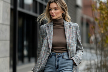 Fototapeta premium Stylish woman in plaid blazer and turtleneck walks confidently on urban street during autumn afternoon
