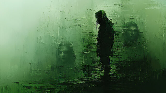 Figure stands alone in glitching digital fog surrounded by shadowy faces, embodying paranoia and fear in a cyberpunk aesthetic filled with tension