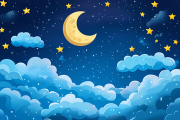 a night sky with a crescent and stars