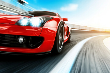sleek red sports car speeds around racetrack, showcasing its aerodynamic design and powerful performance. low camera angle emphasizes car front wheel and dynamic motion, with blurred background