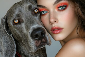 Close-up portrait of a woman with vibrant makeup, gently embracing a Weimaraner dog.