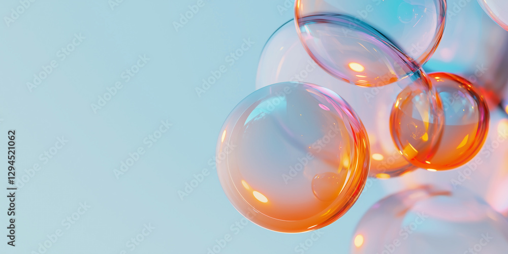 Poster Colorful translucent bubbles floating against light blue background, creating dreamy and abstract visual effect. bubbles display spectrum of colors due to light refraction, adding playful and