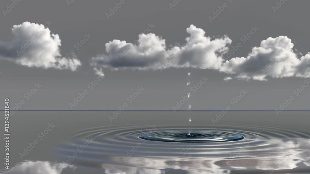 Poster three soft, fluffy artificial clouds hovering over a small, reflective artificial pool. tiny, perfec