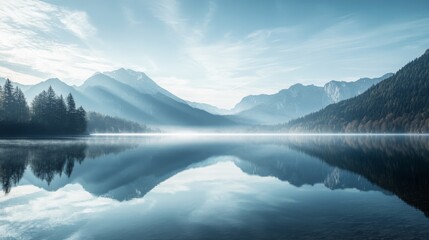 Majestic mountains and dense forests reflected in a pristine lake under soft, diffused daylight, creating a harmonious and serene vista.