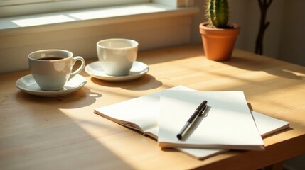 Sunlit Workspace Two Cups of Coffee, Blank Notebooks, and a Pen Await Creative Inspiration