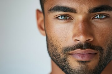 Obraz premium Close-up portrait of a handsome man with intense eyes and a well-groomed beard.