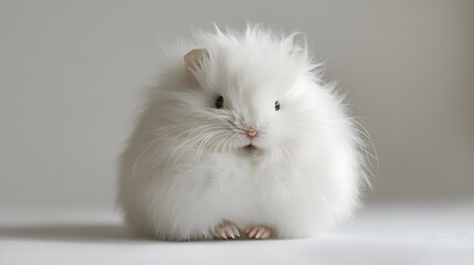Adorable fluffy white hamster sitting calmly on a soft surface
