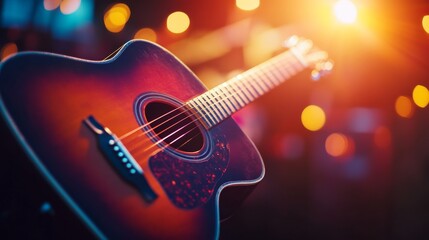 Naklejka premium A classic guitar glows vividly under vibrant stage lights, evoking the rhythm and passion of music in a lively, captivating atmosphere.
