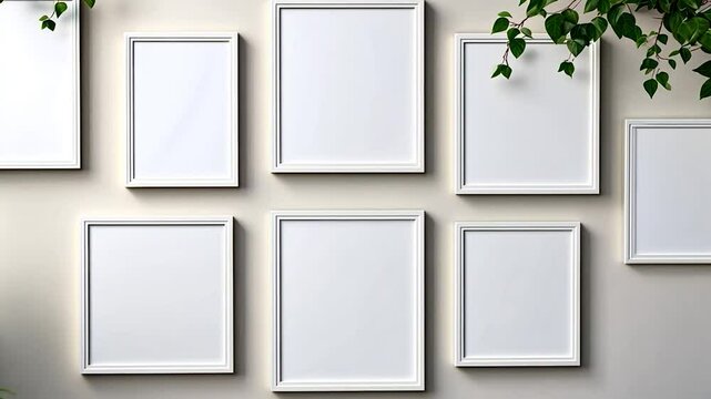 A collection of empty white picture frames arranged on a wall with greenery in the background