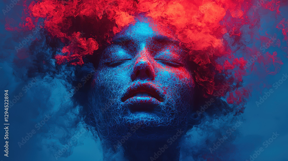 Aufkleber fragmented expression reflects despair through digital distortion in glowing blue and red hues and i
