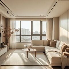 Fototapeta premium A modern minimalist interior with an adjacent city view
