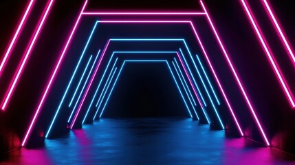 Fototapeta premium Futuristic neon wireframes forming endless tunnels of shifting geometric structures