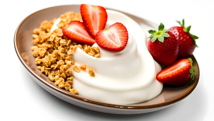 Obraz premium a delicious breakfast dish of yogurt, granola, and fresh strawberries, beautifully presented on a plate. The dish is a vibrant blend of colors and textures