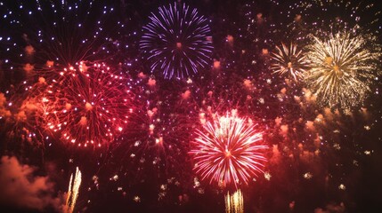 Fototapeta premium Multicolored fireworks illuminate the night sky, creating a dazzling display of vibrant colors and patterns.