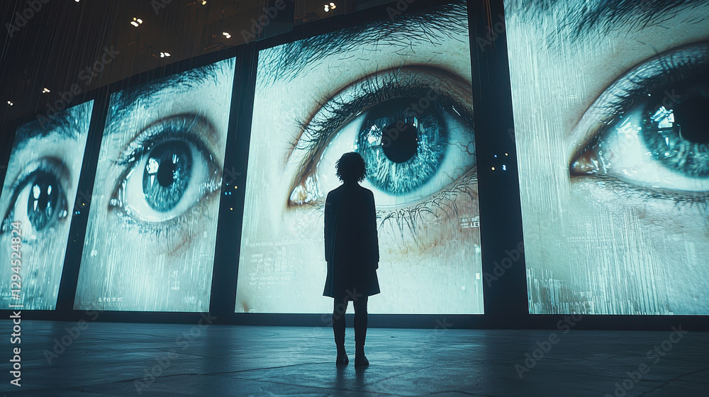 Poster man faces surveillance in a futuristic plaza dominated by towering screens displaying a glitching ai